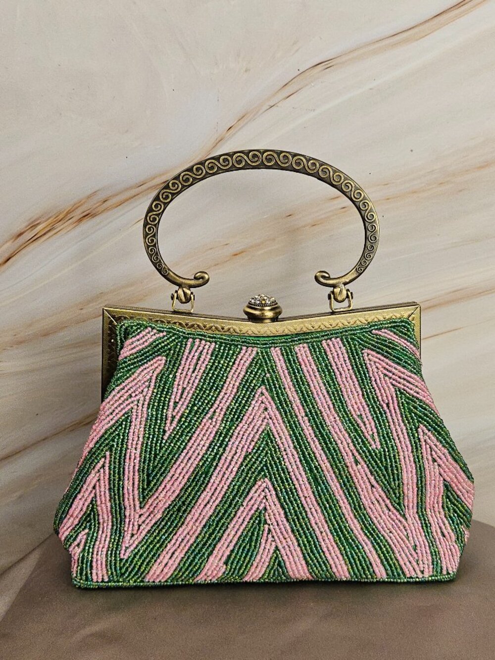 Pink Green Beaded Evening Bag Clutch Rhinestone Handle Chain